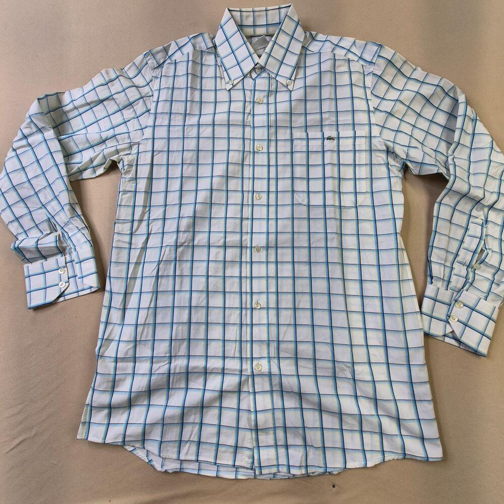 Lacoste Shirt Mens 38 White Blue Check Button Down Long Sleeve Dress Cotton